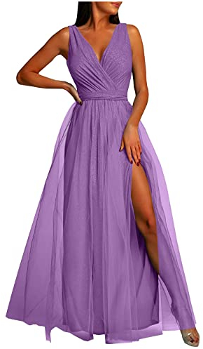 Abendkleid Damen Lang Elegantes Modisches Ballkleid Einfarbiges Tüllkleid Ärmelloses Cocktailkleid mit V-Ausschnitt Fließendes Swing Kleid Bodenlanges langes Maxikleid Hoher Schlitz Partykleid