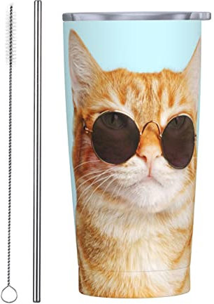 Funny Ginger Cat Tumbler with Lid and Straw, 20 Oz Insulated Travel Cup for Hot Cold Drinks Coffee Mug Water Bottle