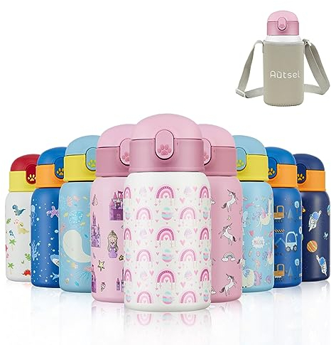 Autsel Kids Water Bottles with Straw 400ml Insulated Stainless Steel Rainbow Water Bottle BPA-Free Reusable Metal Water Bottle with Protective Case for Girls and Boys Keep 6h Hot & 12h Cold