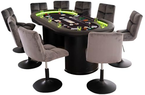 Home Deluxe - Pokertisch mit 2 Stühlen Double UP - Tisch mit LED Beleuchtung u. Getränkehalter, Maße: 215 x 106 x 78 cm, Stuhlfarbe: Hellgrau I Spieltisch Poker Tisch