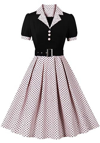 Wellwits Femmes Noir Corset Boutons Pois Plissés Travail Bureau Formel Cocktail Soirée Années 1950 Vintage Costume Robe Rose L