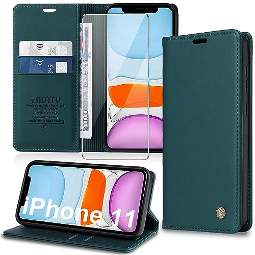 Migexxkj Handyhülle für iPhone 11 Hülle [mit Schutzfolie][Premium PU Leder] Klapphülle Ständer Kartenfach Magnetic Flip Case Cover Etui Tasche Schutzhülle für iPhone 11 6.1“ (Green)