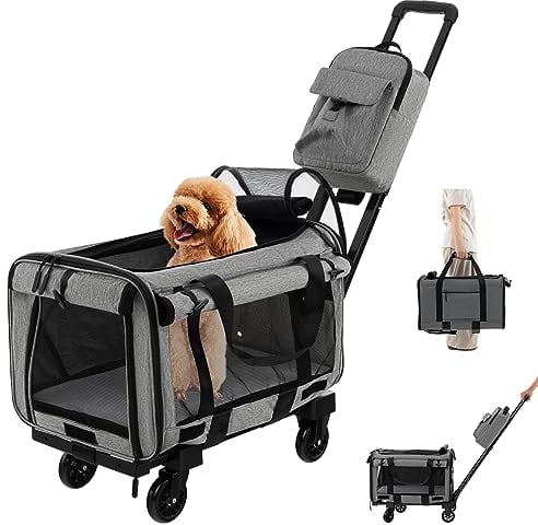 COSTWAY Transportbox Katze, Hunde Tragetasche Mobil, Transporttasche mit Teleskopgriff & Rädern & kleine Tasche, klappbare Reisebox für kleine & mittelgroße Haustiere, Hundebox Katzentasche, Grau