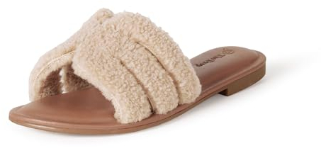 The Drop Pantoletten für Damen, Monika Flach H-Riemen, Natürliches Kunstfell, 37 EU