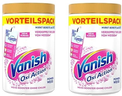 Vanish Oxi Action Powerweiss Pulver – 2 x 1,65 kg – Fleckenentferner und Wäsche-Booster Pulver ohne Chlor – Für weiße Wäsche