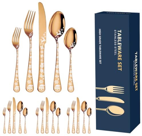 XIAOYU 20 pezzi Set di posate natalizie, servizio di posate nere per 4, posate in acciaio inossidabile, design unico del modello dell'alce di Babbo Natale, lavabile in lavastoviglie, oro rosa