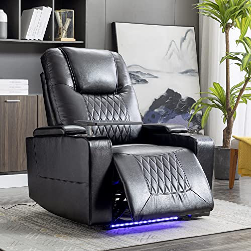 Merax Recliner Armchair with USB Charge Port, 360 Swivel Tray Table, Hand In-Arm Storage, Cup Holders, Ambient Lighting, Gaming Chair, Reclining Chairs For Home Living Room Theater (Black)