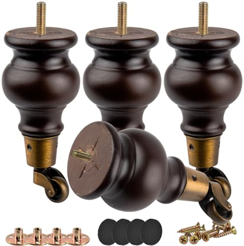 Btowin VCF 16cm Holz Möbelfüße mit Lenkrollen, 4er Set Massivholz Spindel Tischbeine Möbelbeine mit Rollen & vorgebohrten M8 Bolzen & Montageplatten für Schrank Sofa Ottomane Liegestuhl Sessel