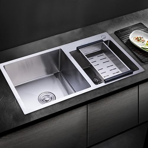 Fregadero de cocina de acero inoxidable, doble fregadero, empotrable, 78 x 43 x 21 cm, con escurridor, fregadero doble