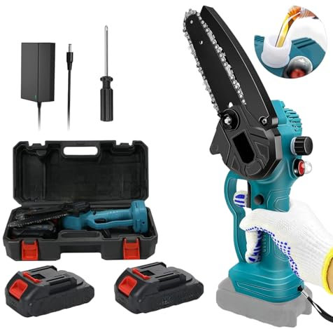 Mini Motosega a Batteria 48V per Potatura Motosega a Batteria 6 Pollici Elettrosega doppia Batteria con Pompetta Olio per Lubrificazione Automatica per Rami, Giardino, Legno