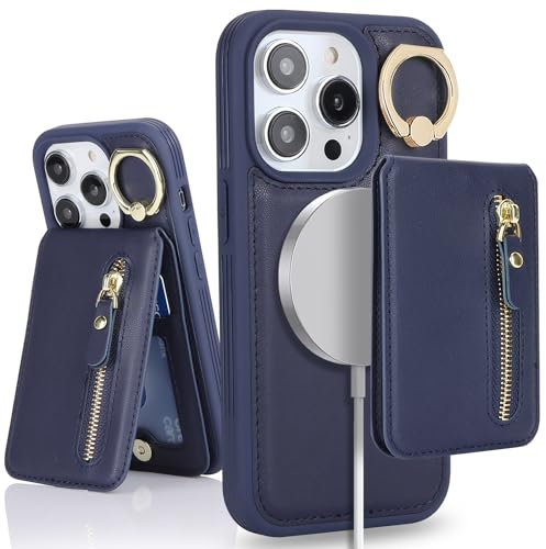 SailorTech iPhone 14 Pro Phone Leather Case with Credit Card Holder Magsafe, iPhone 14 Pro Case Ring Stand with Kickstand Card Slots Wallet Detachable 2-in-1 Zipper Case - Navy Blue