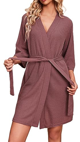 Ekouaer Robes for Women Waffle Knit Bathrobe Soft Lightweight Knee Length Loungewear Gray Purple XL