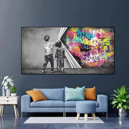 Straßen-Graffiti-Kunst hinter dem Vorhang, Leinwandgemälde, Junge und Mädchen finden Liebe, Banksy-Wandkunstdrucke für Heimdekoration, 100 x 200 cm/39 x 78 in, mit schwarzem Rahmen