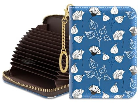 Rouidr Credit Card Holder for Women, Small Slim RFID Card Organizer Wallet with Zipper and Keychain, Blue White Plants