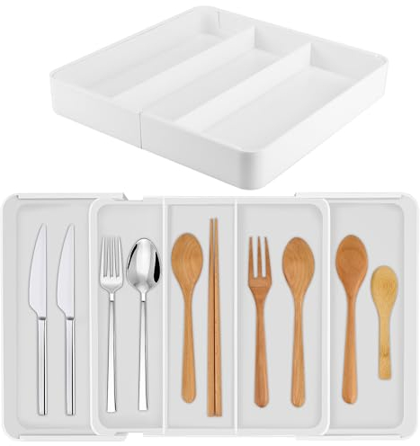 Range Couverts Extensible, Range Couverts pour Tiroir avec Design à Encoche, Rangement Couverts Utilisé pour Ranger Fourchettes, Couteaux et Autres Fournitures de Cuisine et Autres Outils(Blanc)