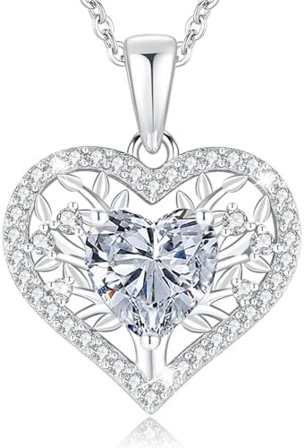 LAVUMO Lebensbaum Herz Kette Damen 925 Sterling Silber Geburtsstein Anhänger Halsketten Geburtstagsgeschenk für Frauen Freundin Mama Valentinstag Muttertags Weihnachten (Silber-04-April)