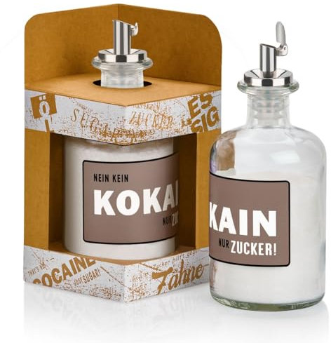 Geniess-Bar! Zuckerstreuer Glas KEIN KOKA!N-NUR ZUCKER! mit Geschenkbox Zucker & Edelstahl Ausgiesser gefüllt Pastellbraun