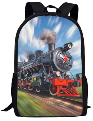 Binienty Schulrucksack für Kinder, Jungen, Mädchen, Teenager, leicht, Büchertasche, Laptop-Rucksack, lässiger Tagesrucksack, Zugaufdruck, Einheitsgröße