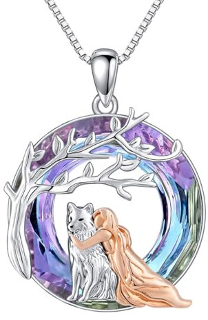 ROMANTICWORK Wolf Kette 925 Sterling Silber Wolf und Mädchen Kristall Anhänger Halskette Wolf Schmuck Wolf Geschenke für Damen Mädchen