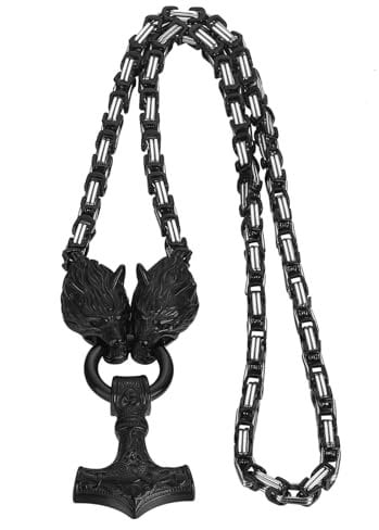 OIDEA Herren Wolfskopf Halskette Königskette: Schwarz Schwer Punk Wikinger Thors Hammer Anhänger mit 70 cm Kette Wolf Kopf Viking Schmuck Geschenk für Männer Freund Jungen