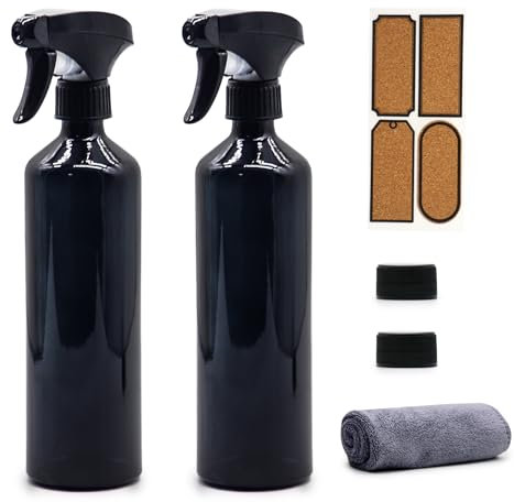 OFFIDIX Glas-Sprühflaschen, 2 Stück, schwarze Glas-Bewässerungssprühflaschen, Handdrucksprühflaschen, nachfüllbare leere Flaschen mit verstellbarer Düse für Reinigung, Gartenarbeit