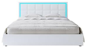 Led Bed Frame Modern Faux Leather Bed Double Size with RGB LED Lights 4FT6 Double Bed Frames with Wooden Slats Support for Bedroom Home White