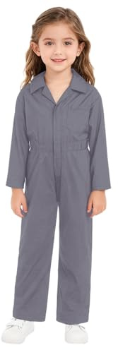 Sywiyi Arbeitsoverall Kinder Jungen Mädchen Baumwolle Overall Jumpsuit Schutzanzug Arbeitskombi mit Zipper Revers Blaumann Outfit Grau 110-116