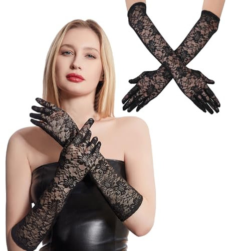 Geaanen 2 Paar Spitzenhandschuhe Schwarz Handschuhe Spitze Netzhandschuhe Schwarz Lange Spitzenhandschuhe Brauthandschuhe Hochzeit 1920er Jahre Vintage Tee Party Handschuhe 44 und 54 Cm