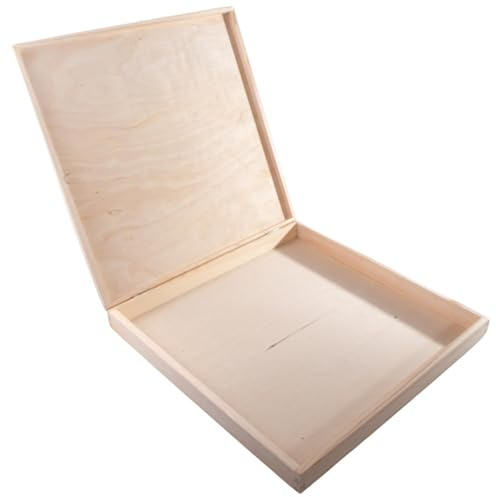 WooDeeDoo Large Slim Square Wooden Box With Lid | 40 x 40 x 5 cm | Shallow Depthless Gift Case Keepsake Memory Storage Treasure Holder | Paintable DIY Wood
