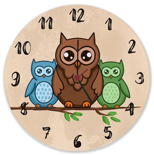 speecheese Eulen auf AST Wanduhr aus Glas Uhr für Kinder mit süßem Tiermotiv als Dekoration für das Kinderzimmer mit niedlichen Vögeln