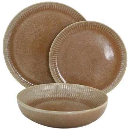 WeHome - Servizio Piatti 6 Persone, Set Piatti 18 Pezzi, Piatti Colorati Ceramica Modello Erika, Piatti Moderni 3 Misure, Lavabile In Lavastoviglie, Compatibile Con Forno A Microonde (Marrone)