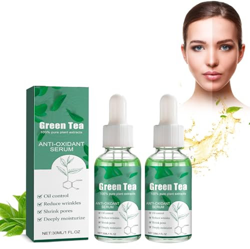 2PCS Grüntee Essenz Hautpflegeserum, Feuchtigkeitsspendende Schrumpfen Poren, Feuchtigkeitsspendende Schrumpfen Poren, Nachtpflege und Repair, für alle Hauttypen