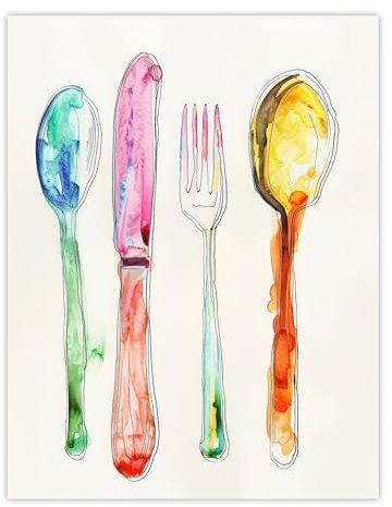 Artery8 Colourful Watercolour Cutlery Spoons Knife Fork Kitchen Large Wall Art Poster Print Thick Paper 18X24 Inch