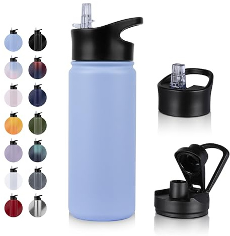 UMBFUN Edelstahl Trinkflasche - 500ml - mit Strohhalm,Auslaufsicher,Kohlensäure Geeignet,BPA frei Thermosflasche(+2 Deckel) Vakuum Doppelwandisolierung für Sport,Reisen,Camping,Schule,Fahrrad,Gym