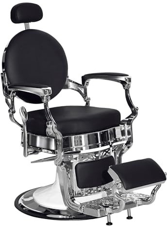 Barberpub Friseurstuhl hydraulische Friseursessel, Retro/Vintage Stil, 360° drehbar, Kunstleder, Silberrahmen, 110 × 68 × 112 cm (Schwarz-Silber)