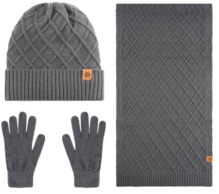 SRZYMJ Grey Wintermütze Schal Handschuhe Set， Schal und Mütze Set für Herren, Schal, Handschuhe, Mütze Set Damen und Herren, Herbst und Winter, warme Wollmütze, Schal, Handschuhe, Mütze für Herren