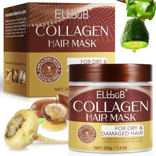 Kollagen-Haarmaske für trockenes & strapaziertes Haar, angereichert mit Maca, Avocadoöl, Ginseng, Kamille und Ringelblume, intensive Feuchtigkeit, Haarreparatur, Haarwuchs, sulfatfrei