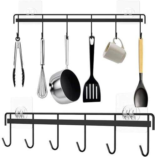 Hakenleiste für Küchenutensilien,2 Stück Küchenutensilienhalter Wandhalterung für Küchenutensilien Selbstklebende Wandhaken Wandaufhänger Ohne Bohren mit 6 Haken für Küche,Badezimmer,Wohnzimmer
