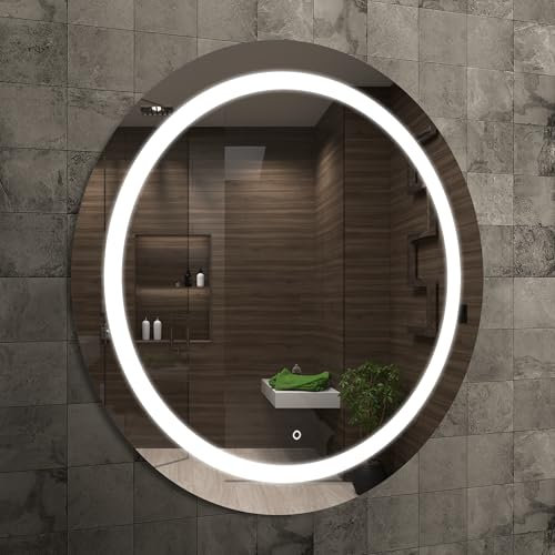Home Glow Venti 60cm Runder Badezimmerspiegel mit LED Beleuchtung, Runder LED Badspiegel mit Touch Schalter, Spiegel mit naturweißer LED Frontleuchte. Ring