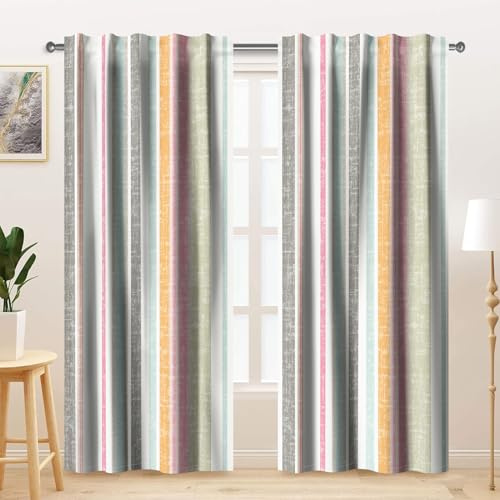 Kzzfqxb 117x138cm Moderne Vorhänge 2 Paneele, Bunte Streifen Verbindungsfarbe gestreift rustikale ländliche Leinenstruktur für Wohnzimmer Schlafzimmer einfache Dekoration