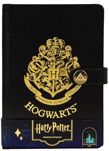 Licensed Harry Potter House notebook journal, parchment paper, house logo, house history, Gold printed house crest logo in front, Hogwarts, Gryffindor, Slytherin, Hufflepuff and Ravenclaw (Hogwarts)