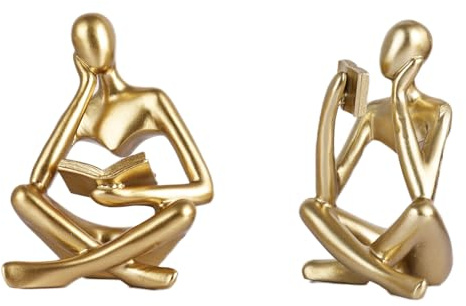 2-teilige Goldene Sitzfigur Set – Denkende & Lesende Skulptur Deko, Abstrakte Kunstfiguren, Modern-Minimalistische Deko Für Büro, Bücherregal & Wohnzimmer, Schreibtisch Dekoration