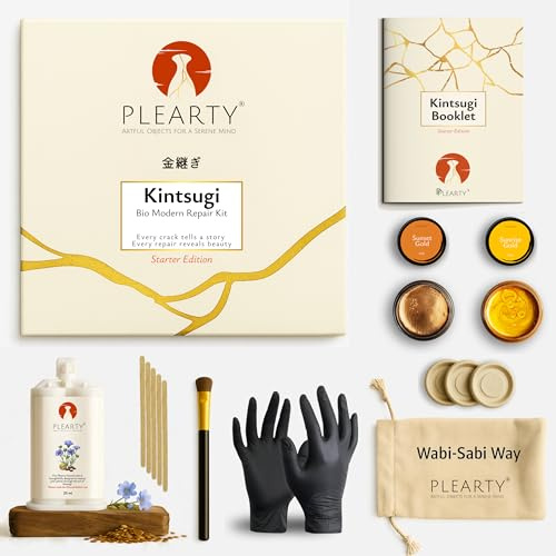PLEARTY Kintsugi Reparaturset, lebensmittelechtes Leinharz, spülmaschinenfest, 20 g, metallisches Goldglimmerpulver, detailliertes Booklet modernes Kintsugi-Set für Anfänger, japanische Kunst