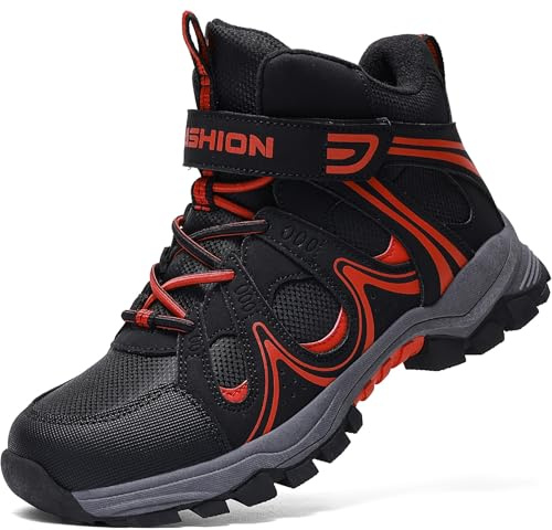 ASHION Enfant Chaussures Randonnée Bottes Hiver Garçon Fille Chaude Bottes de Neige,Noir Rouge,37 EU