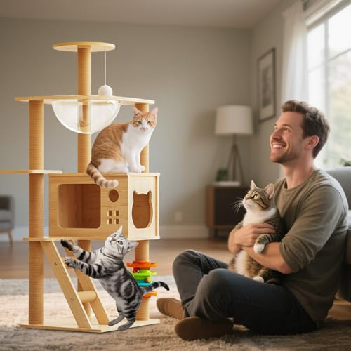 PETCUTE Grand Arbre à Chat en Bois, Tour Moderne pour Chats avec Capsules Spatiales, échelle, Jouets pour Chat, Plateformes, Meubles pour Chats,Capacité de Charge 7kg
