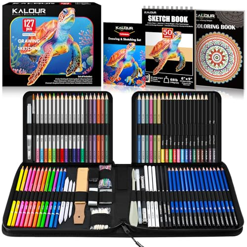KALOUR PDAS 127 Zeichenset, Skizzierset, professioneller Künstlerbedarf mit 3-farbigem Skizzenbuch und Malbuch, Neon-, Bunt-, Aquarell-, Metallic-, Graphit- und Kohlestiften, Geschenk für Jugendliche