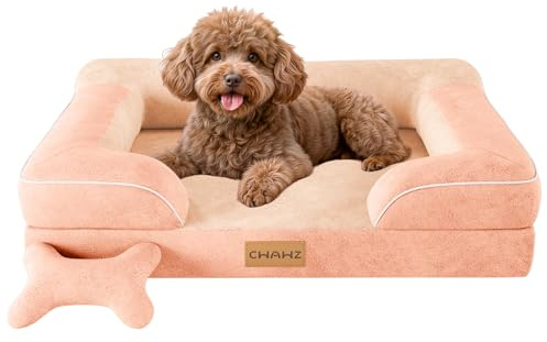 CWAWZ Panier Chien Moyen Taille, Lit pour Chien Orthopedique Memoire de Forme Lavable, Canapé Chien Imperméable en Velours Hollandais avec Jouet en Forme d'os, Rose Pêche