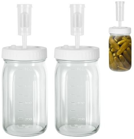 YYTECH 2 stycken fermenteringsglas 1 L, fermenteringsglas med jäsningsventil, fermenteringsset, fermenteringsglas, gästbehållare, bred mun fermenteringsglas, kimchi behållare för Kimchi Kombucha Kefir
