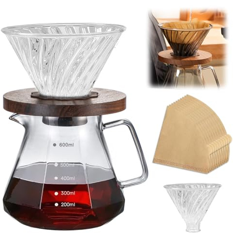 RNPKZ Pour Over Coffee Maker, 600ML Borosilicate Glass Coffee Server with Walnut Collar Base, Glass Funnel and 100 PCS V60 Cone Paper Filter, Clear Drip Coffee Maker for Home Café Restaurant Camping