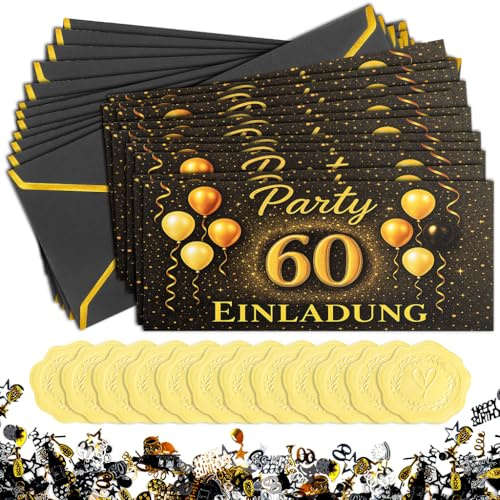 WALLFID Geburtstag Einladungskarten Schwarz Gold – 12 Stück Einladungskarten mit Umschlägen & Deko, Glitzer Design, Perfekt für Männer & Frauen Geburtstagsfeier (Sixty years old)